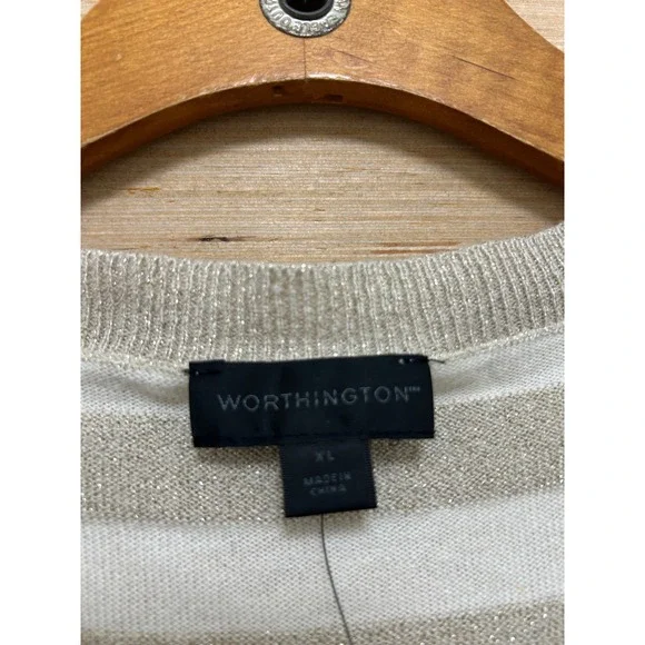 Worthington Womens XL V-Neck Sweater Gold Metallic Striped Cream Long Sleeve NEW - Picture 3 of 5